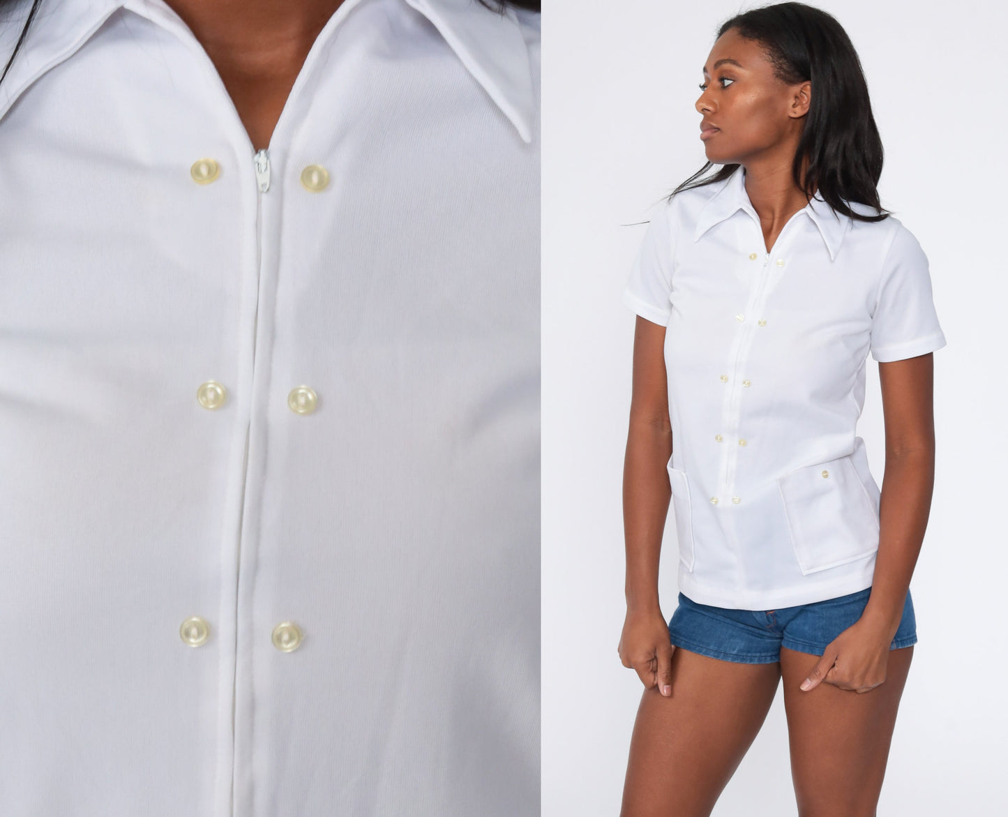 70s White Zip-Up Dagger Collar Shirt Short Sleeve Small