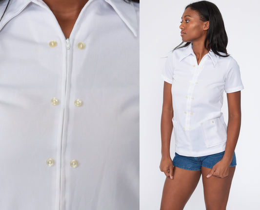 70s White Zip-Up Dagger Collar Shirt Short Sleeve Small