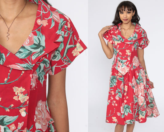 90s Red Floral Midi Dress High Waist Button Up Full Skirt Small