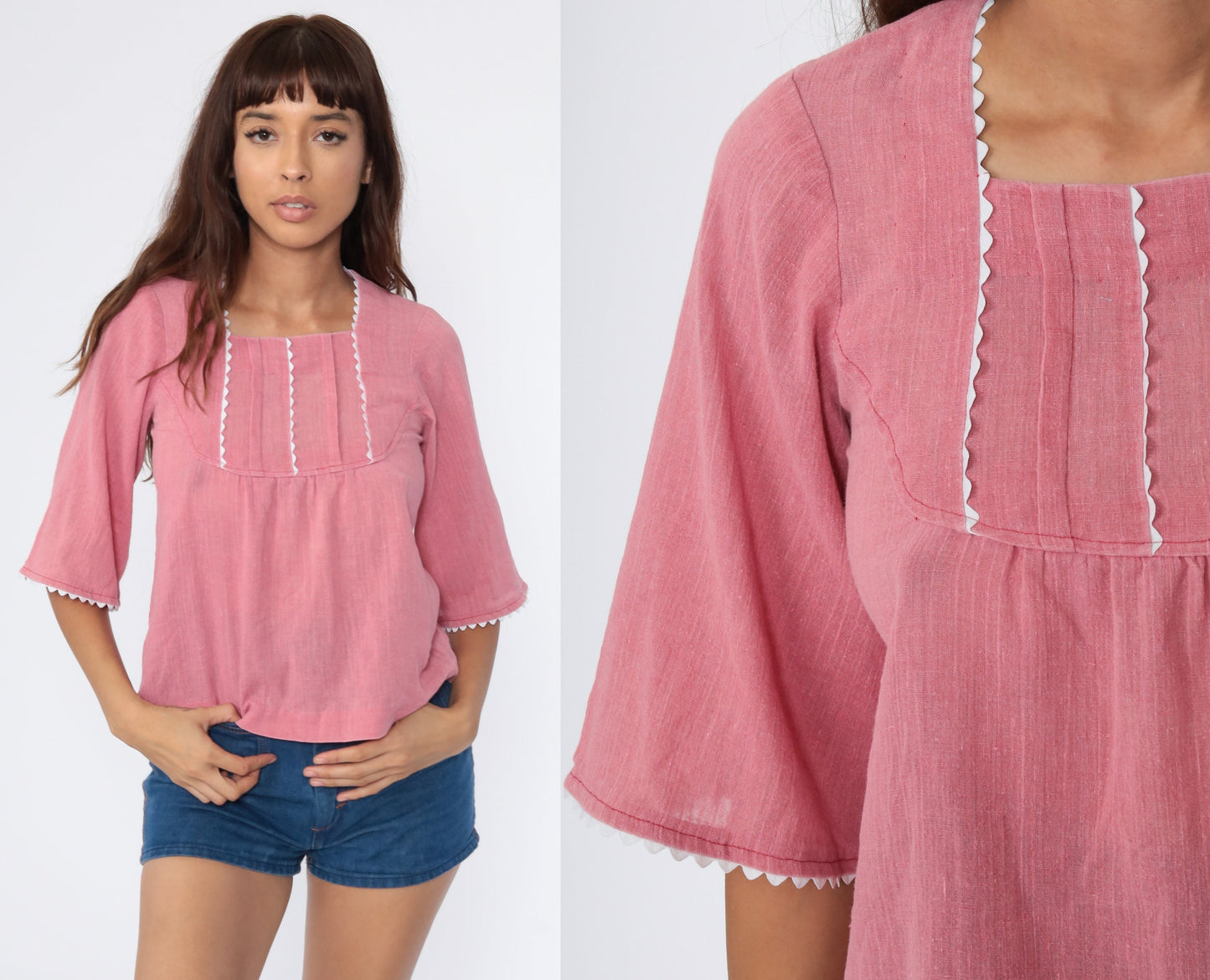 70s Pink Cotton Tunic Top Wide Sleeve Blouse Extra Small XS
