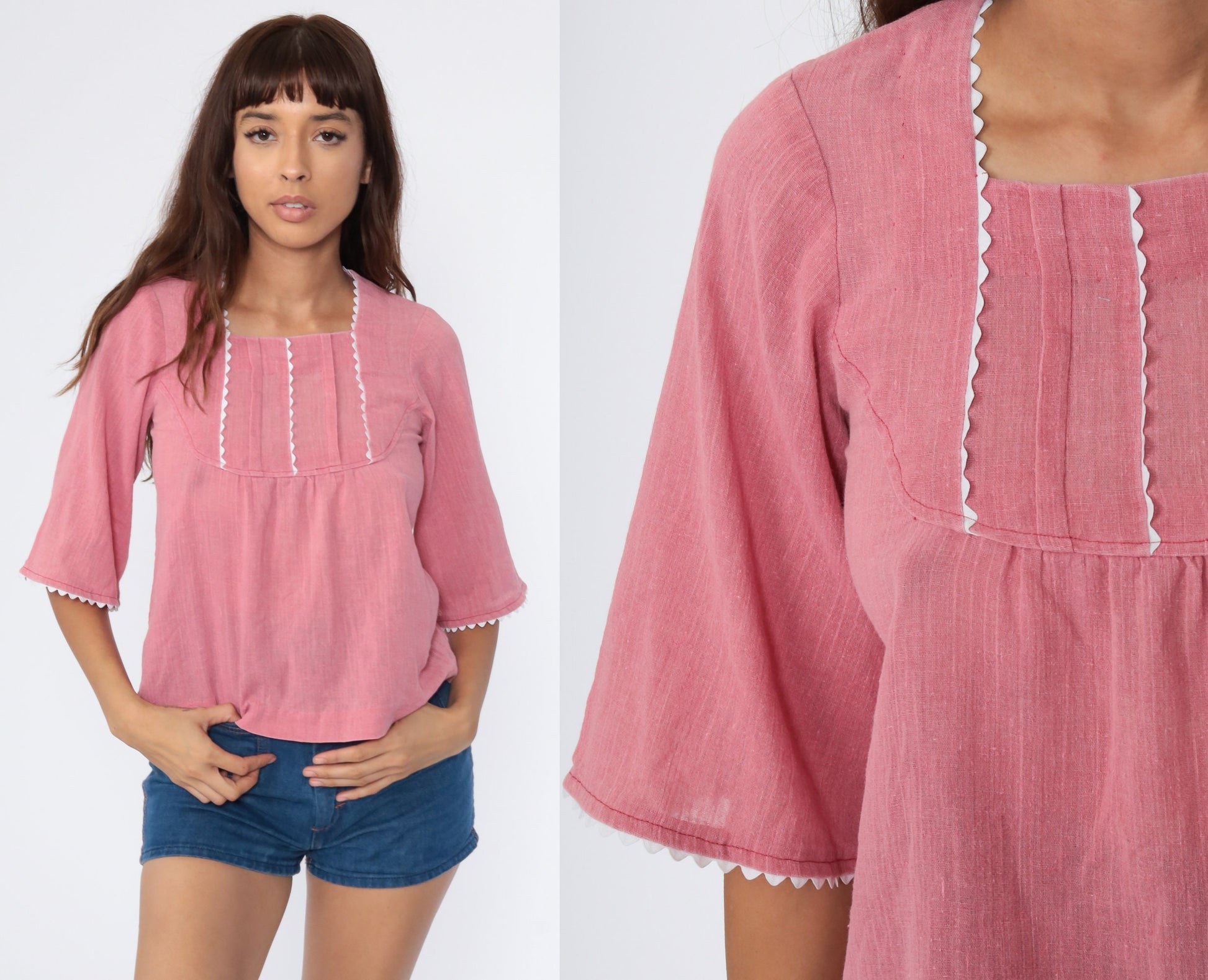 70s Pink Cotton Tunic Top Wide Sleeve Blouse Extra Small XS