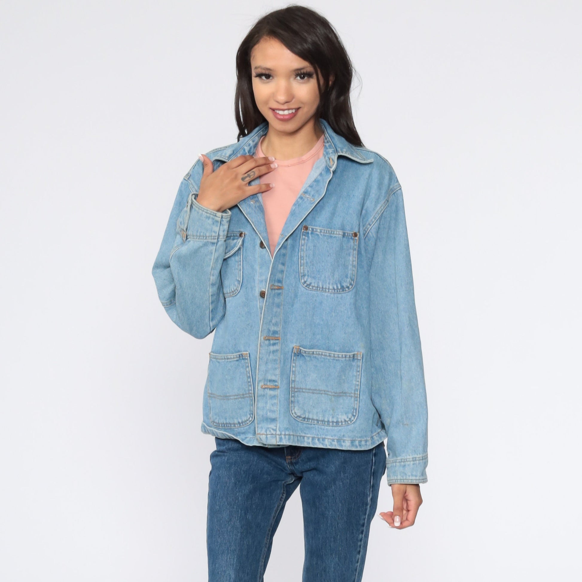 90s Light Blue Denim Cargo Jacket Workwear Button Up Medium