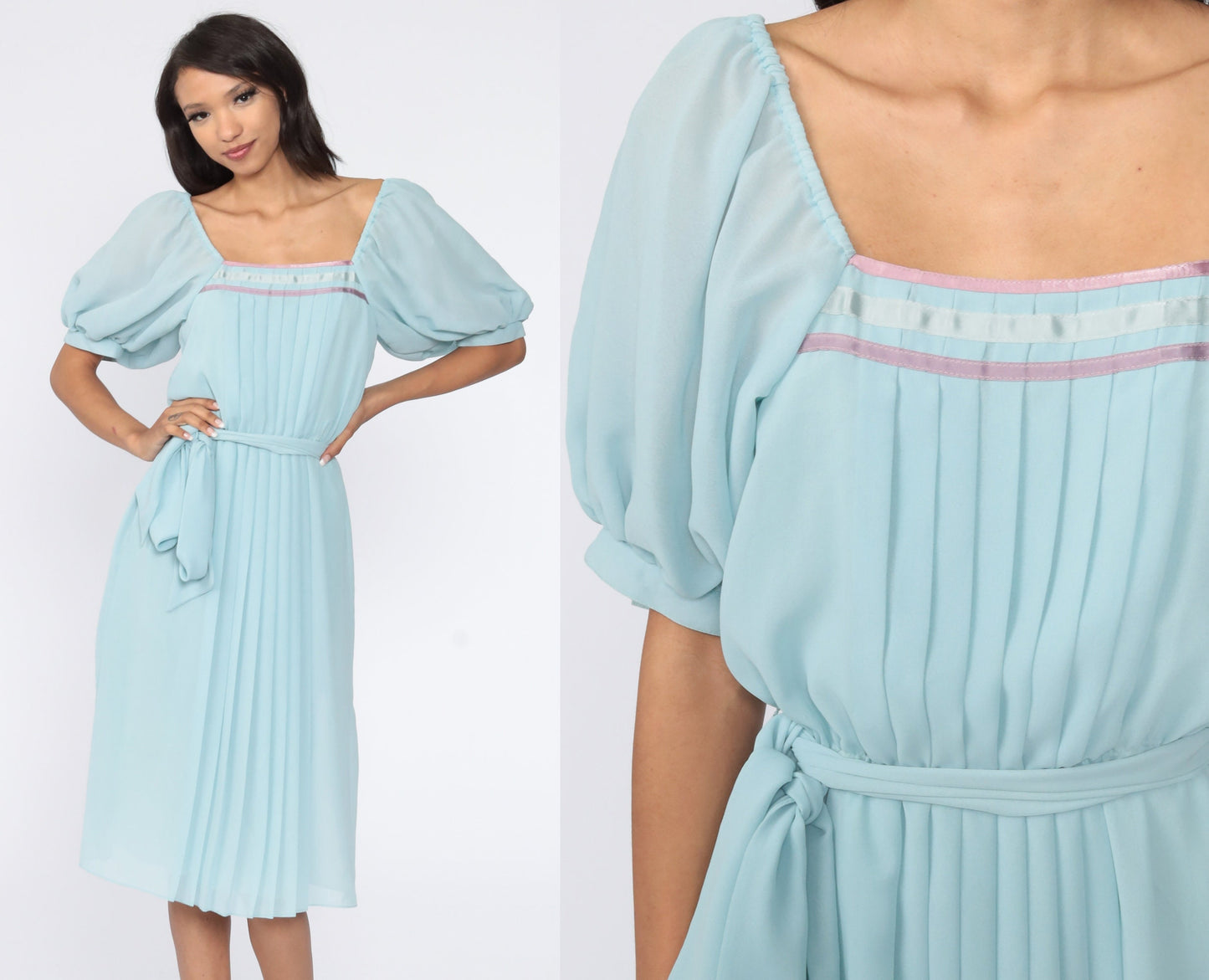 70s Baby Blue Pleated Midi Dress Puff Sleeve High Waist Small