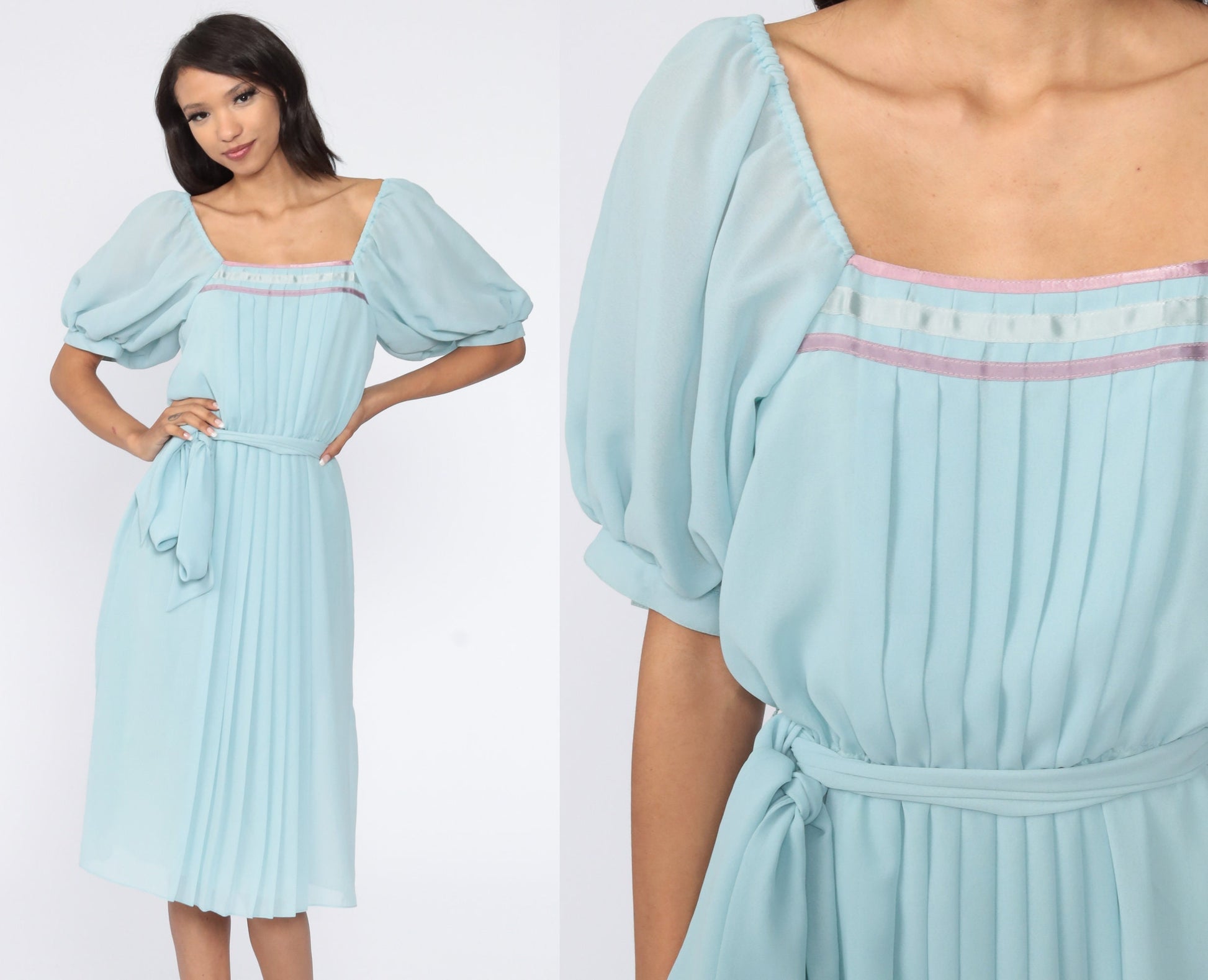 70s Baby Blue Pleated Midi Dress Puff Sleeve High Waist Small
