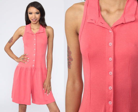 80s Pink Cotton Sleeveless Romper Button-Up High Waist Shorts Extra Small