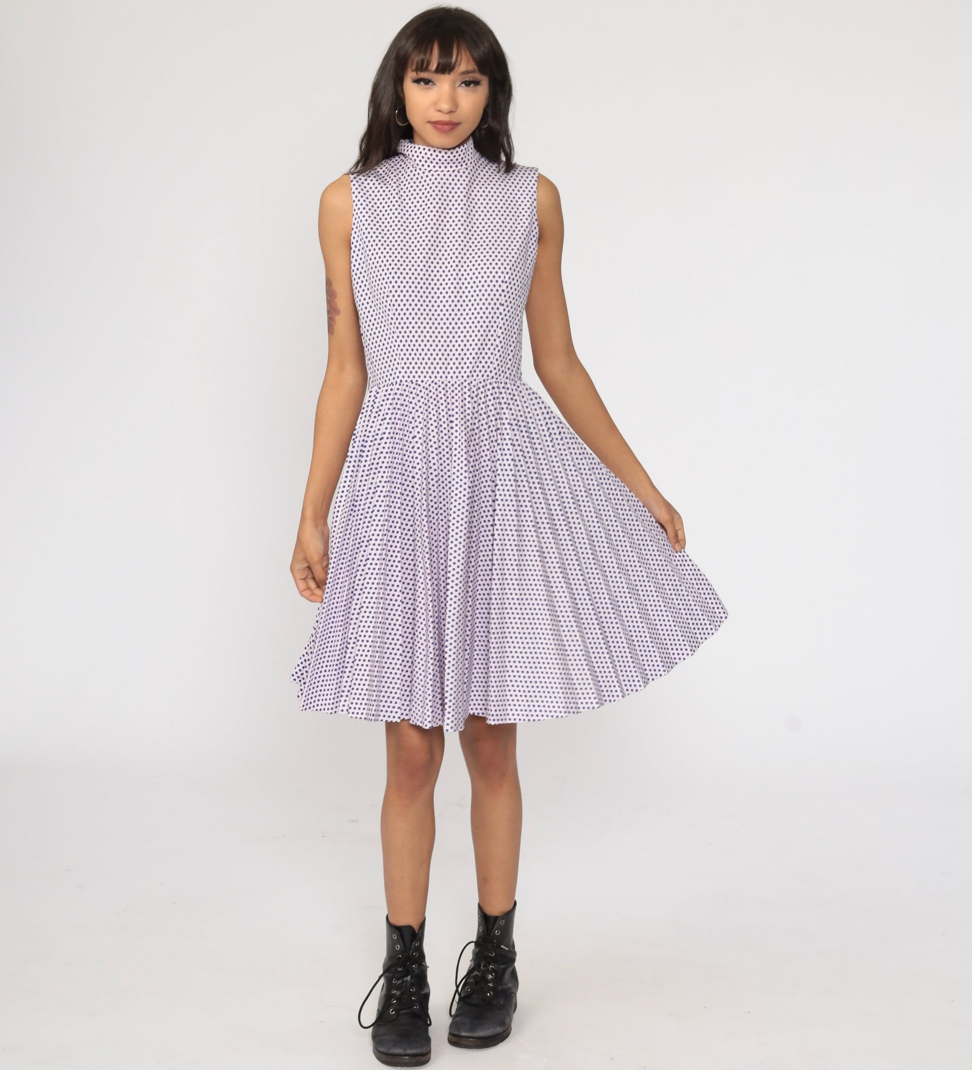 1970s Purple Polka Dot Midi Dress High Waist Pleated Mock Neck Pink Small