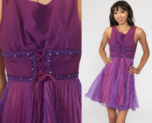 70s Purple Mini Dress Pleated Lace-Up Corset Waist Sleeveless Empire Extra Small