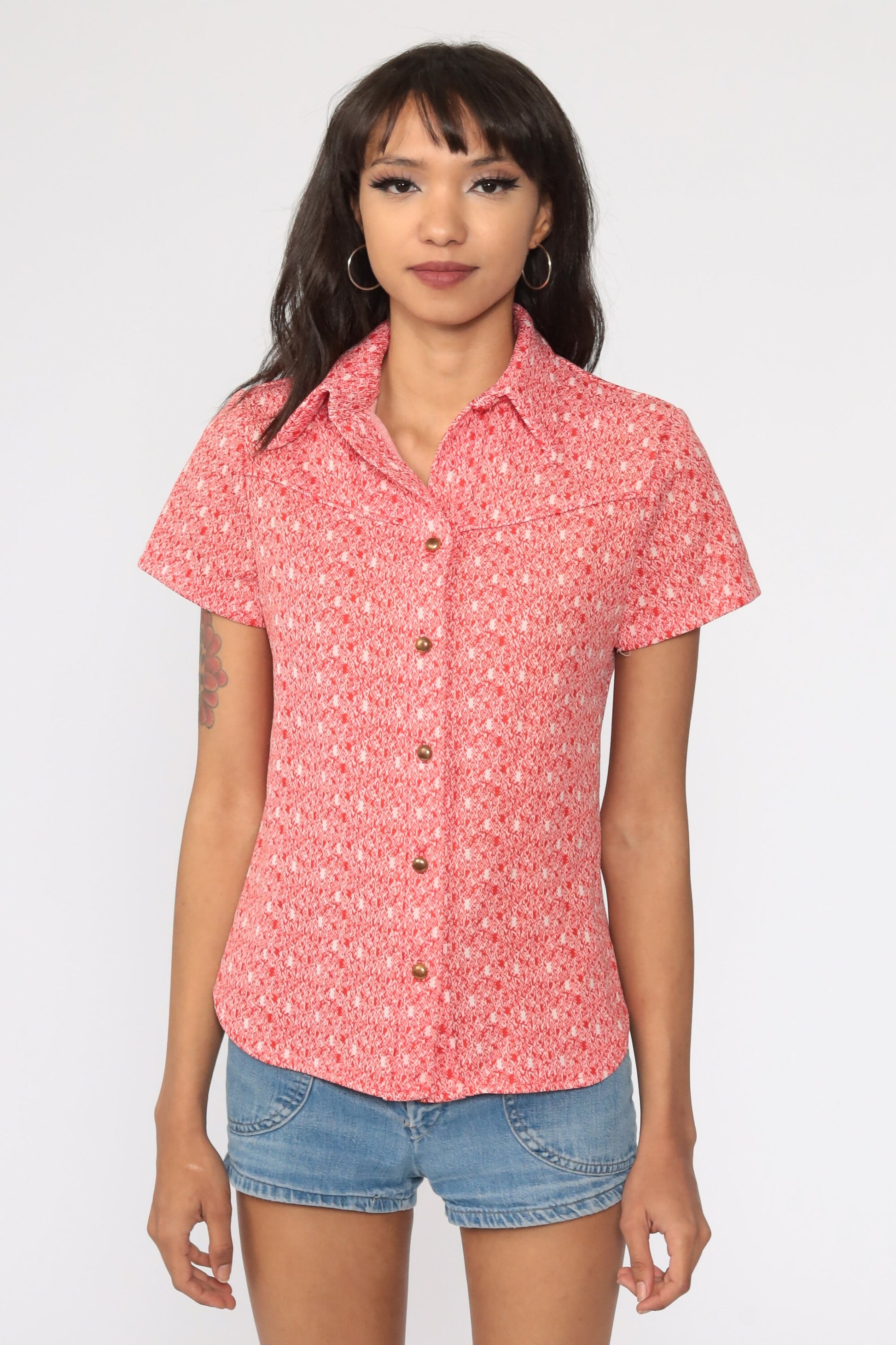 70s Orange Dagger Collar Button-Up Shirt Short Sleeve Small
