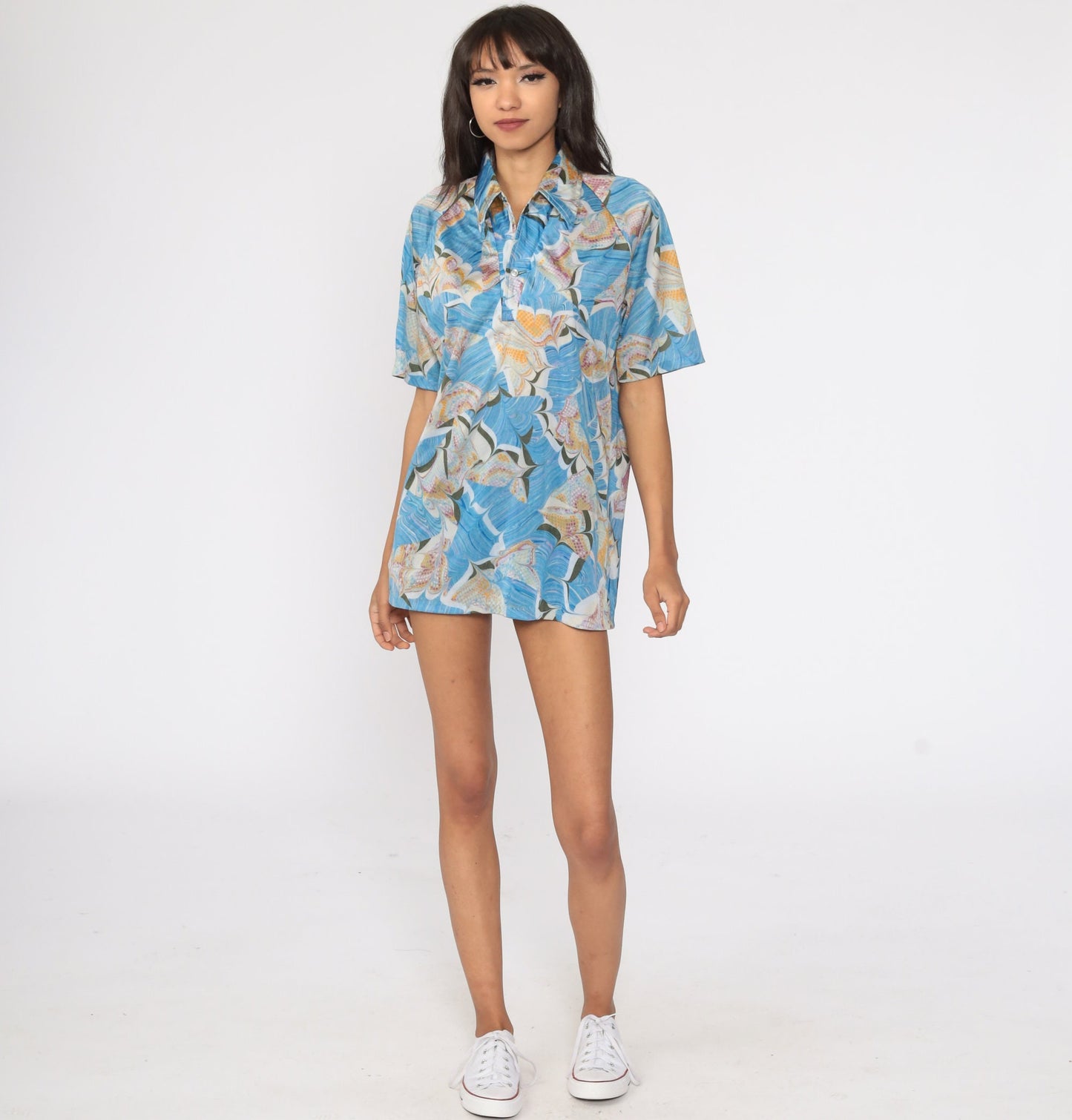 70s Psychedelic Acid Print Button Up Shirt Blue Large