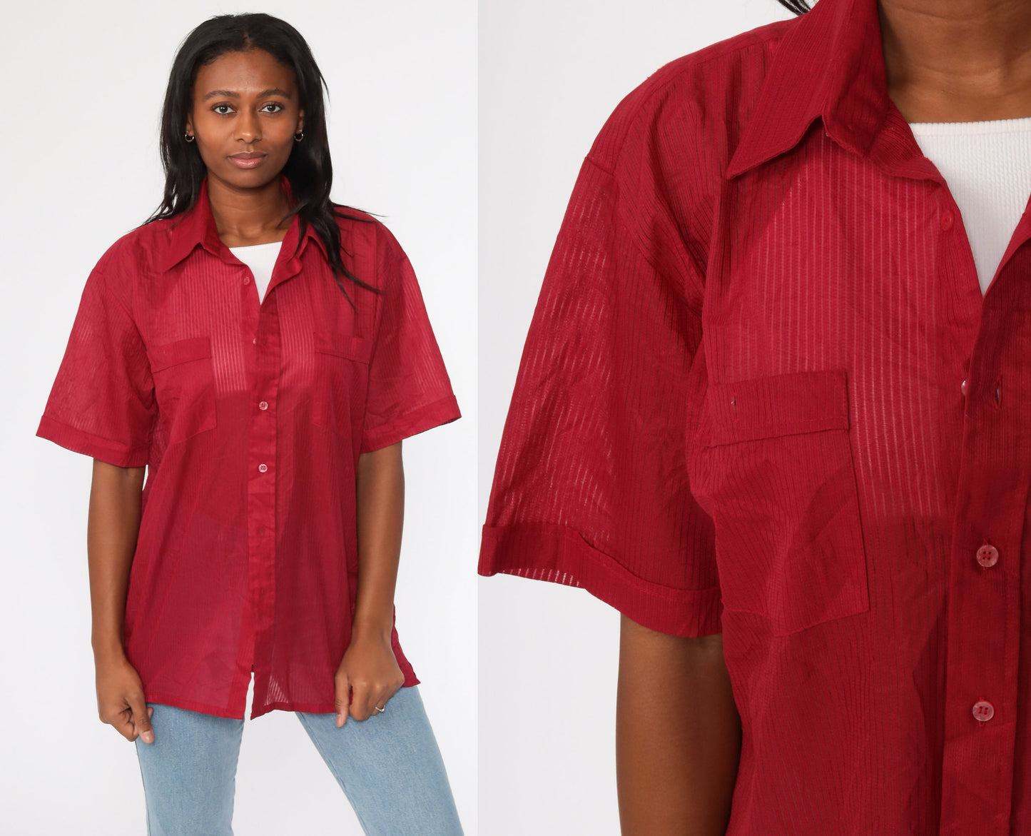 70s Red Sheer Button-Up Shirt Dagger Collar Short Sleeve Extra Large