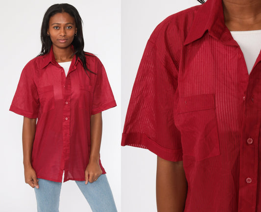 70s Red Sheer Button-Up Shirt Dagger Collar Short Sleeve Extra Large