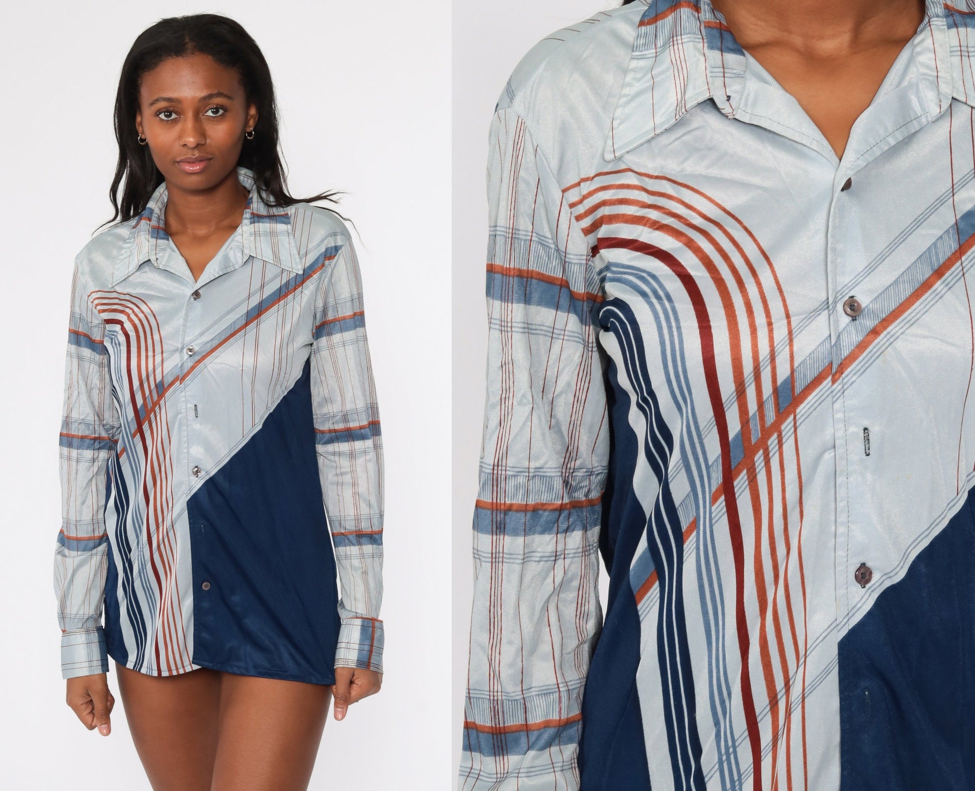 70s Psychedelic Stripe Button Up Blouse Grey Blue Long Sleeve Large L