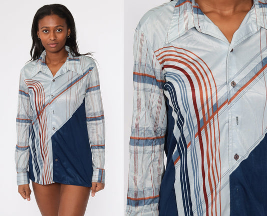 70s Psychedelic Stripe Button Up Blouse Grey Blue Long Sleeve Large L
