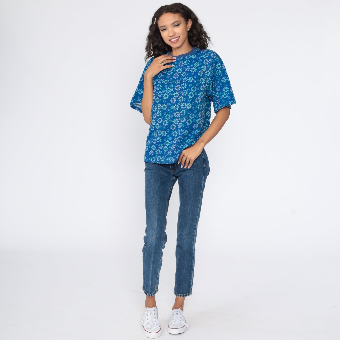 90s Floral Graphic T-Shirt Blue Flower Print Ringer Tee Medium M