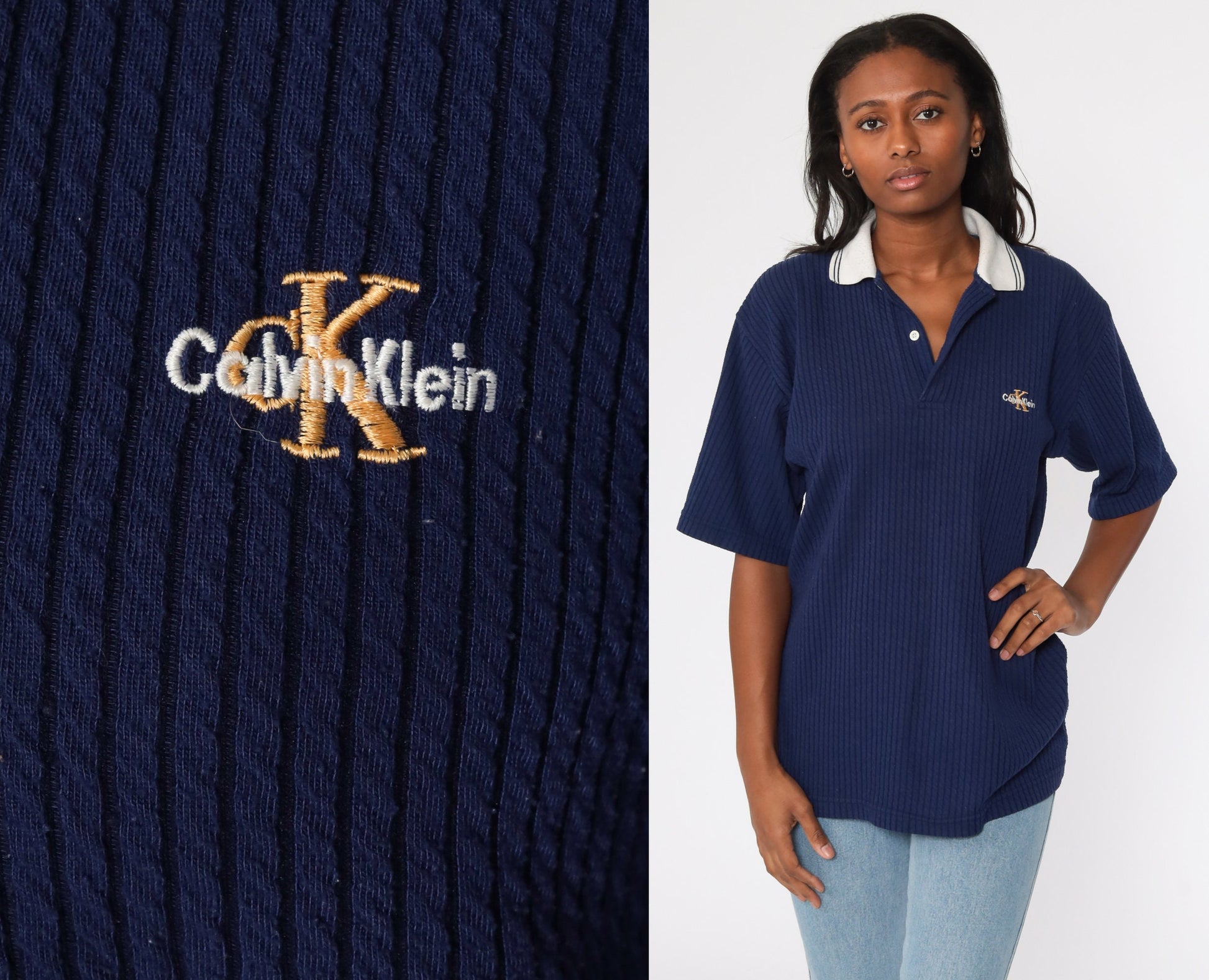 Calvin Klein 90s Polo Shirt Navy Blue Cotton Blend Large