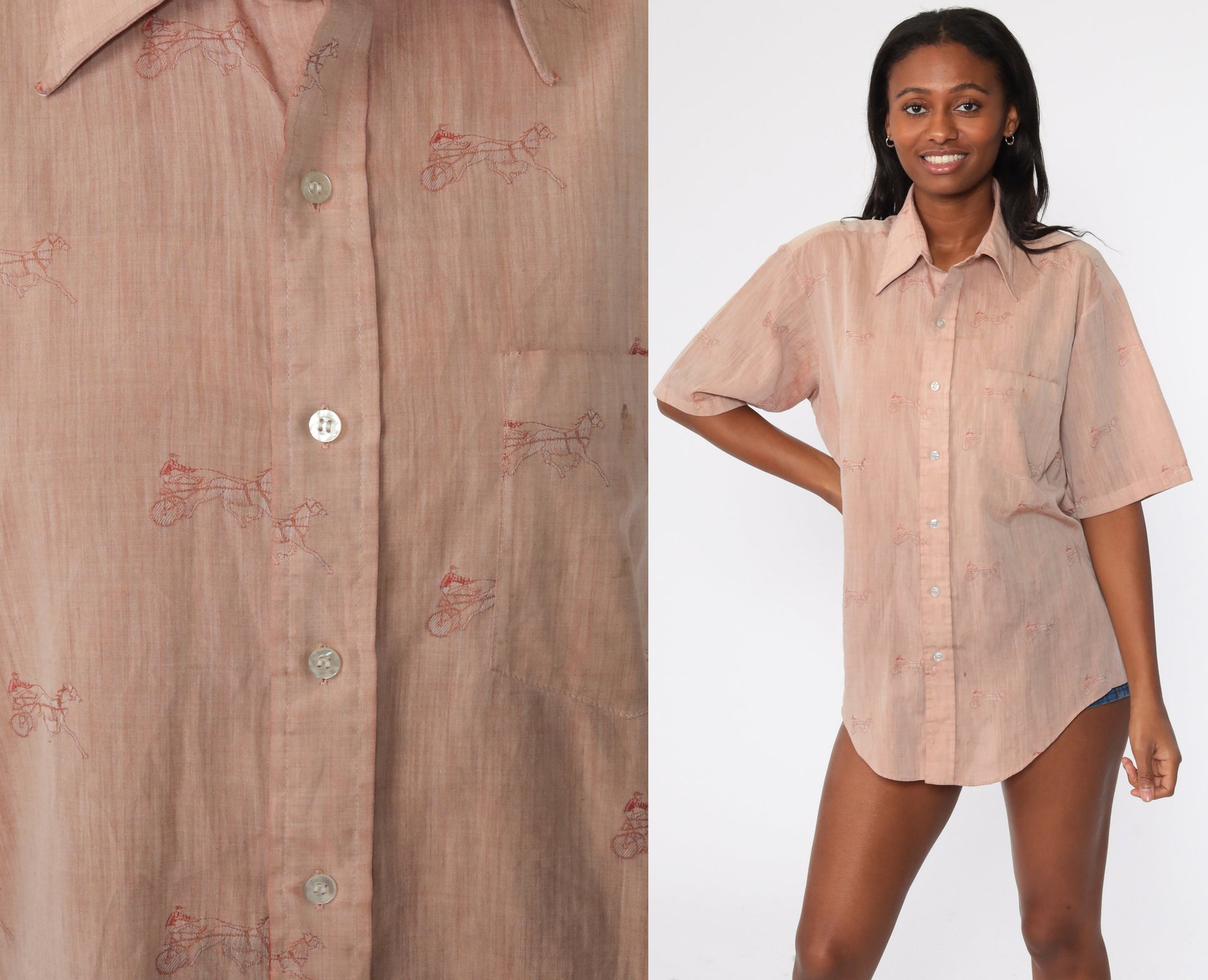 70s Horse Print Button Up Shirt Dagger Collar Tan Cotton Blend Large