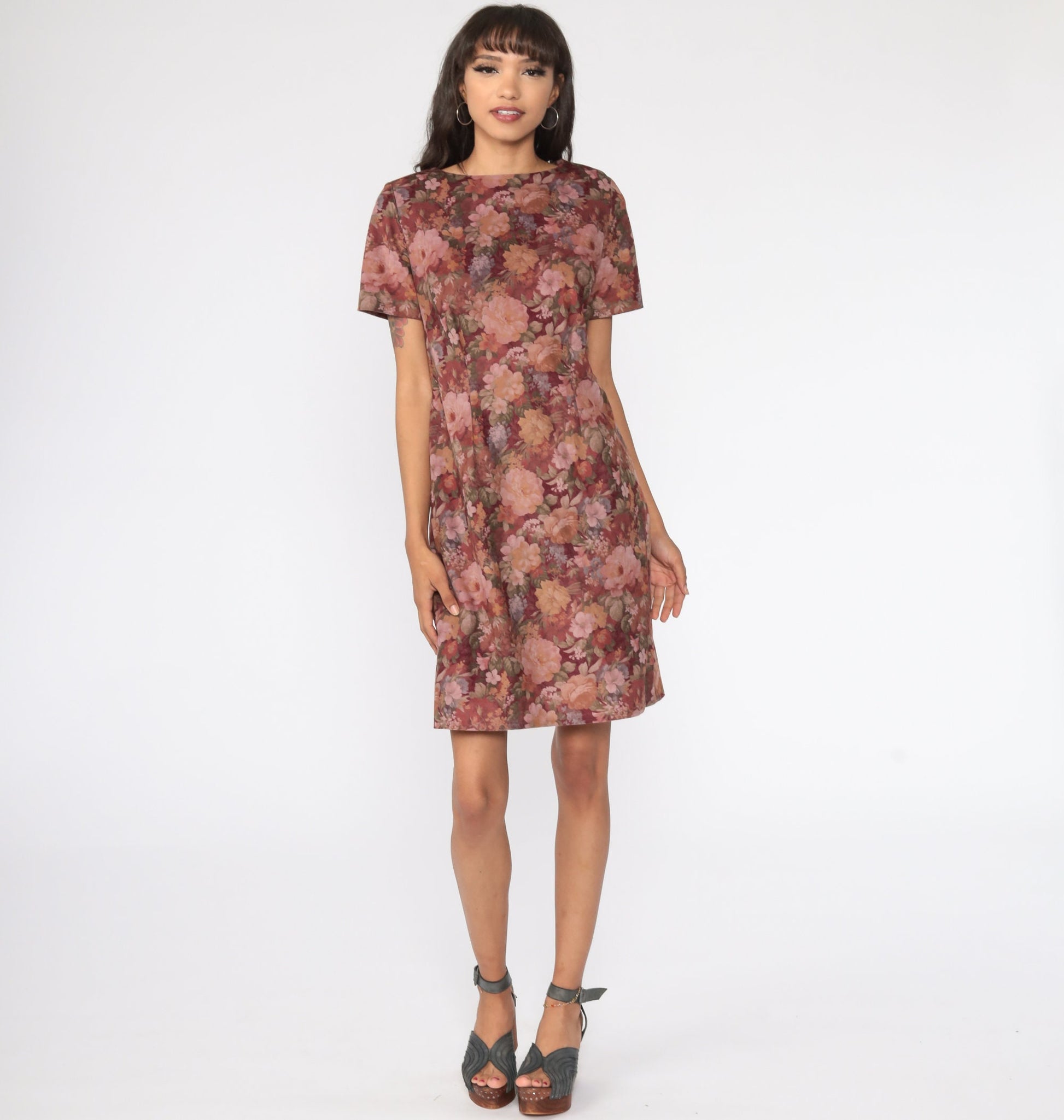 90s Floral Mini Dress Burgundy Shift Faux Suede Short Sleeve Medium