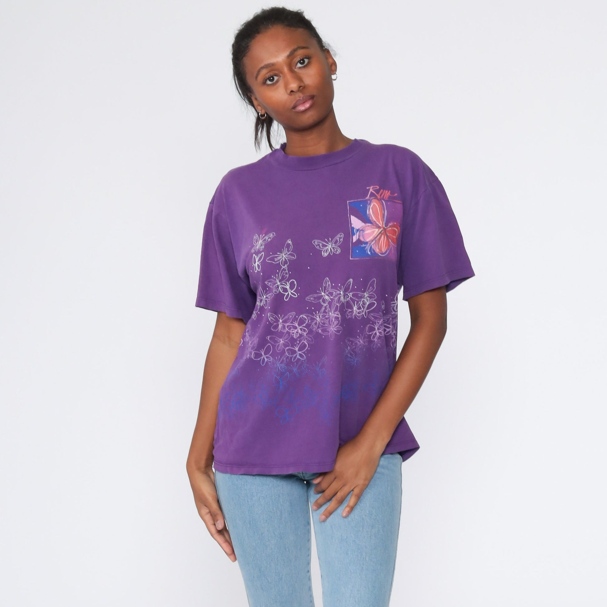 90s Reno Nevada Butterfly Graphic T-Shirt Purple Cotton Medium