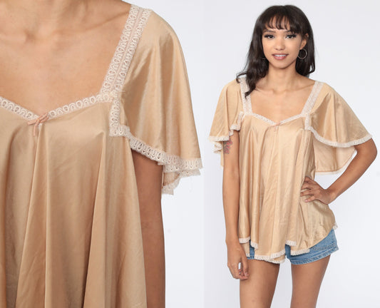 70s Tan Flutter Sleeve Tent Top Tunic Blouse Extra Small