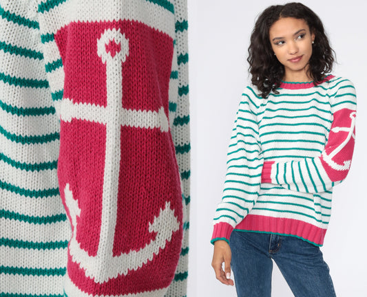 90s Nautical Anchor Striped Knit Sweater White Green Small