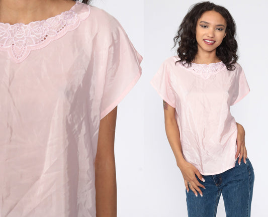 80s Baby Pink Cutwork Embroidered Blouse Floral Short Sleeve Medium