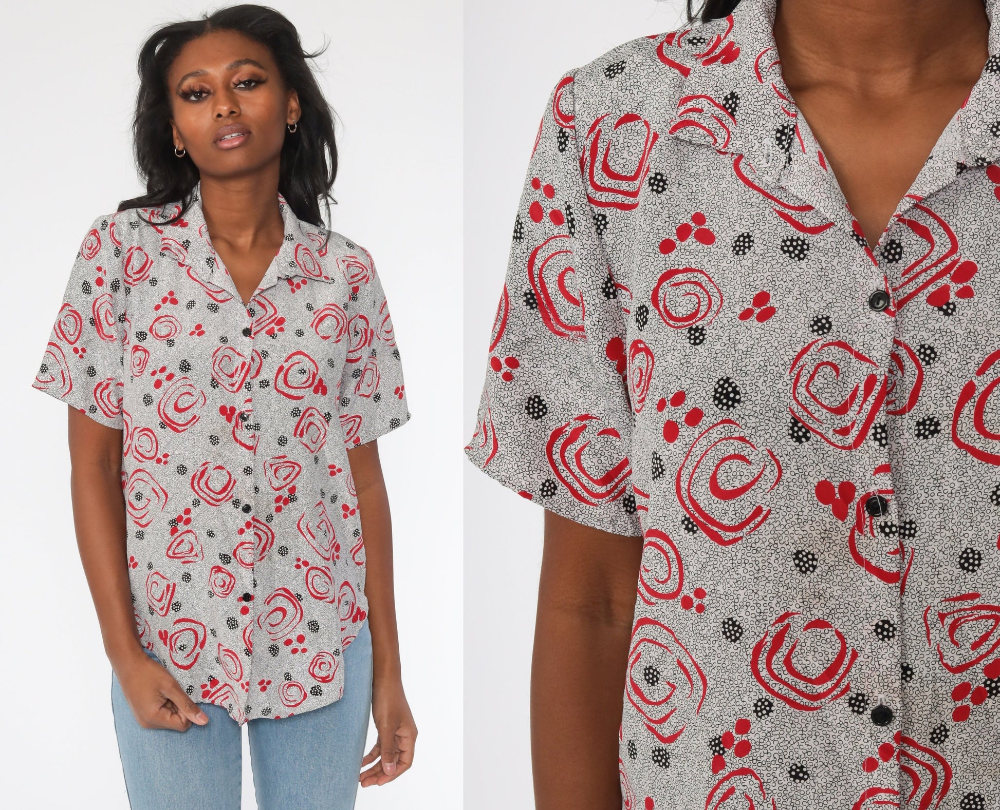 90s Abstract Floral Polka Dot Button Up Shirt Red Black Short Sleeve Medium