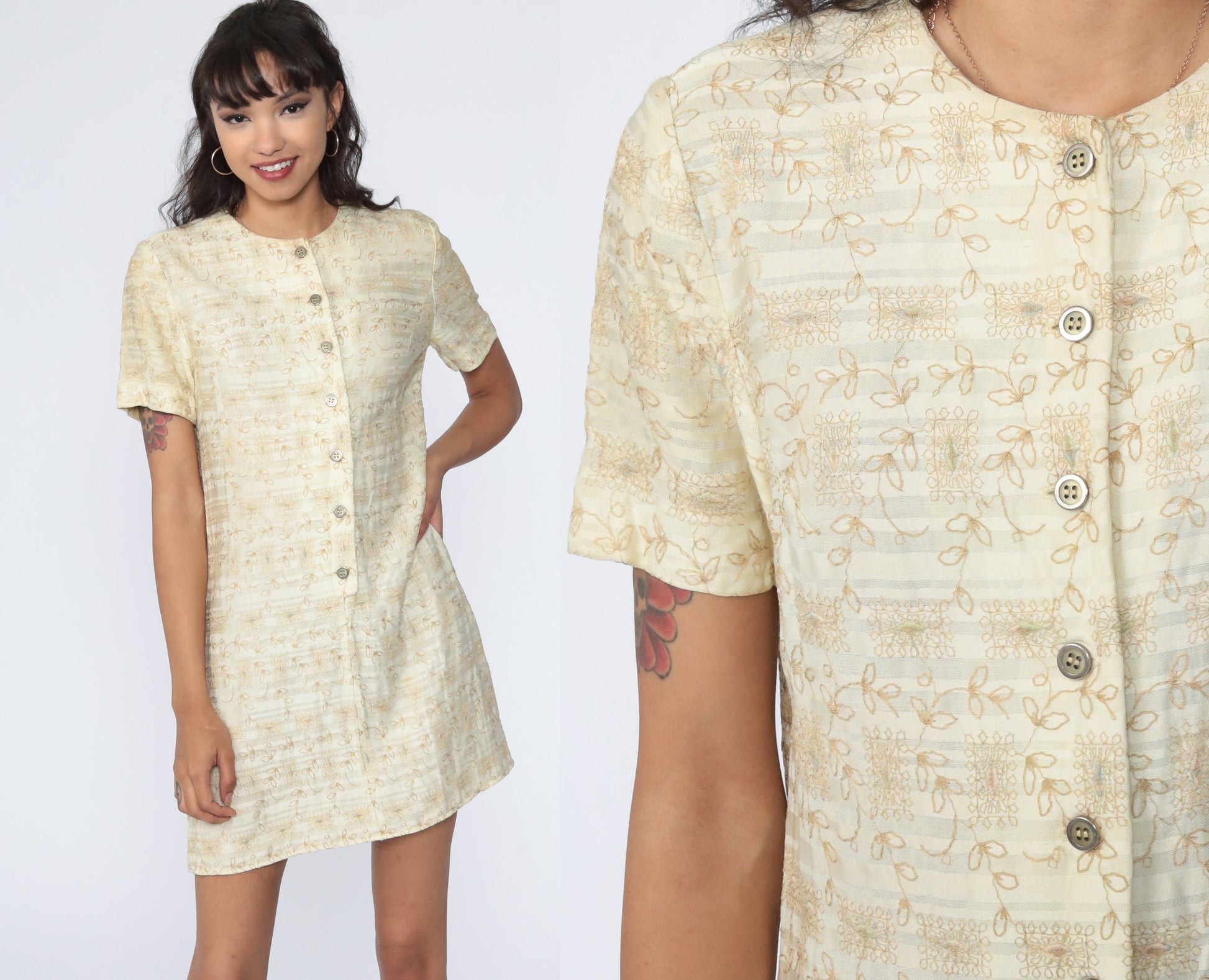 1960s L'Aiglon Cream Embroidered Shift Mini Dress Floral Small