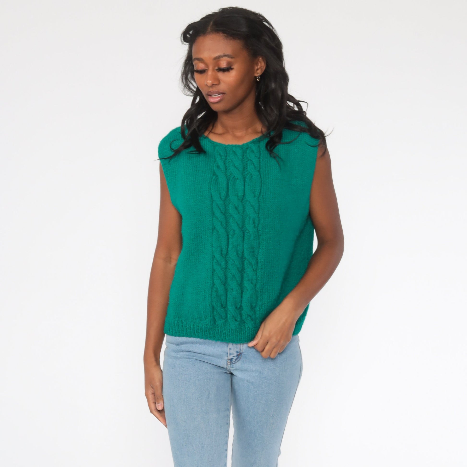 80s Cable Knit Sweater Vest Green Sleeveless Tank Large