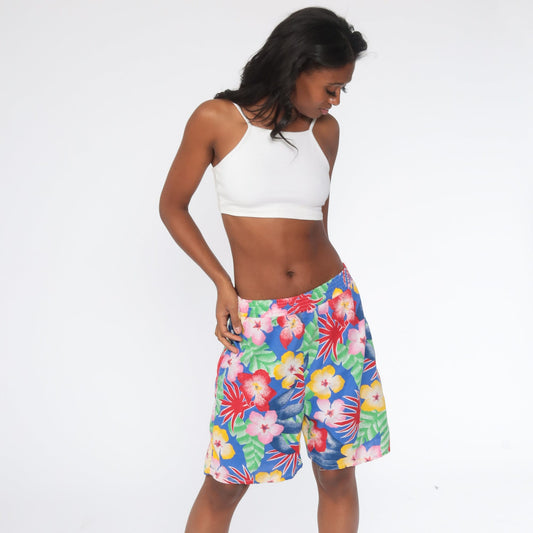 90s Tropical Floral High-Waist Shorts Cotton Blue Extra Large XXL