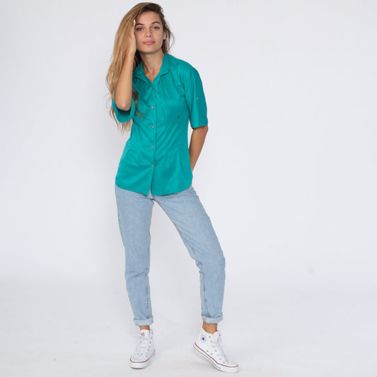 80s Teal Button-Up Shirt Short Sleeve Blouse Small