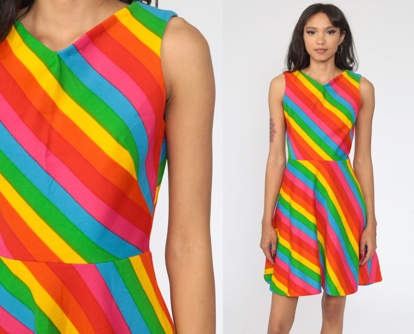 70s Gay Gibson Rainbow Striped Mini Dress Sleeveless High Waist Extra Small