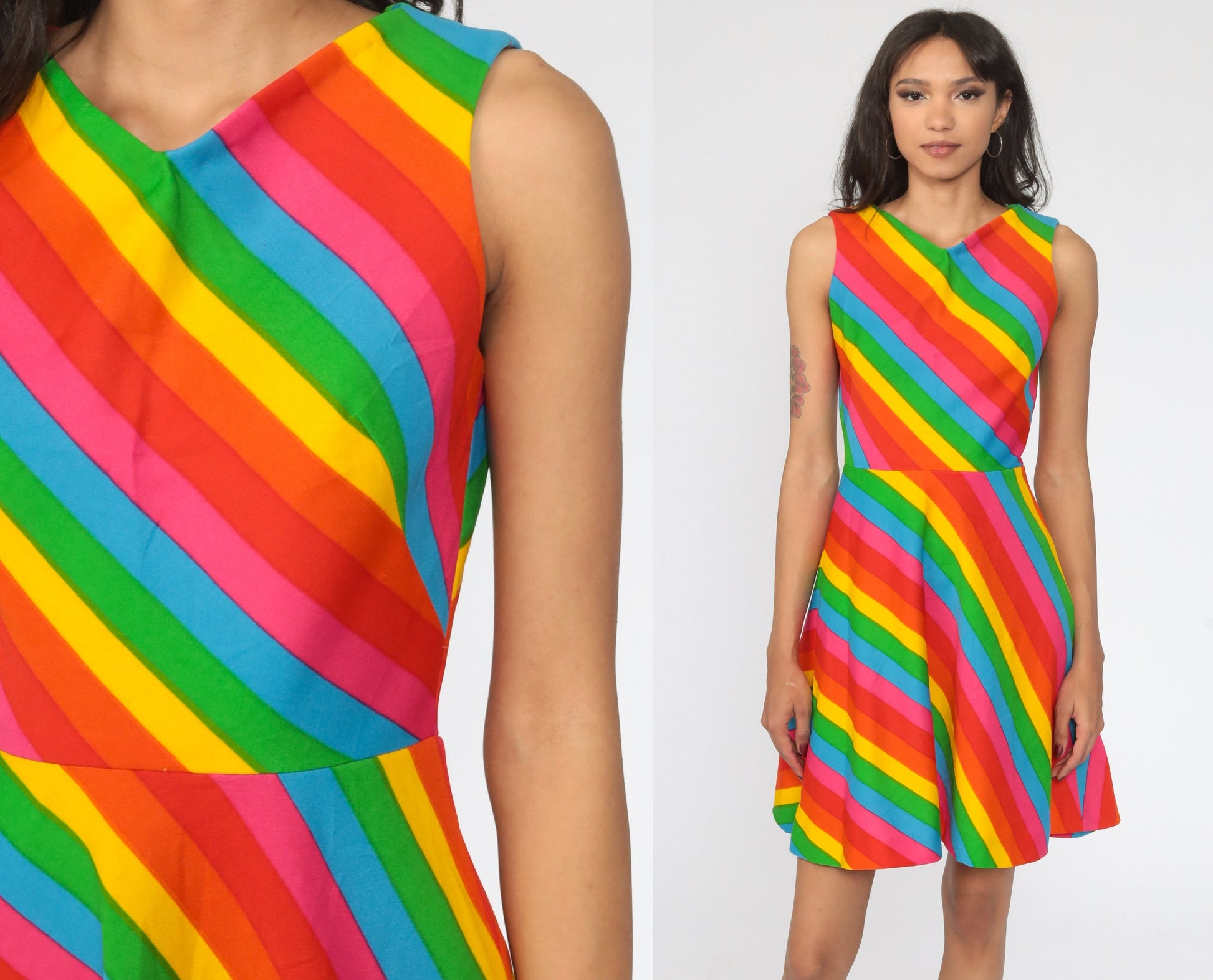 70s Gay Gibson Rainbow Striped Mini Dress Sleeveless High Waist Extra Small