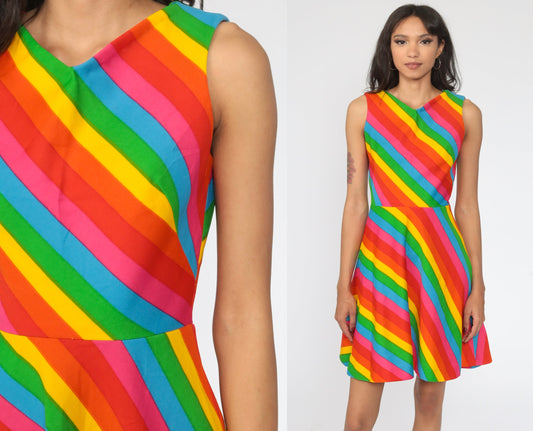 70s Gay Gibson Rainbow Striped Mini Dress Sleeveless High Waist Extra Small