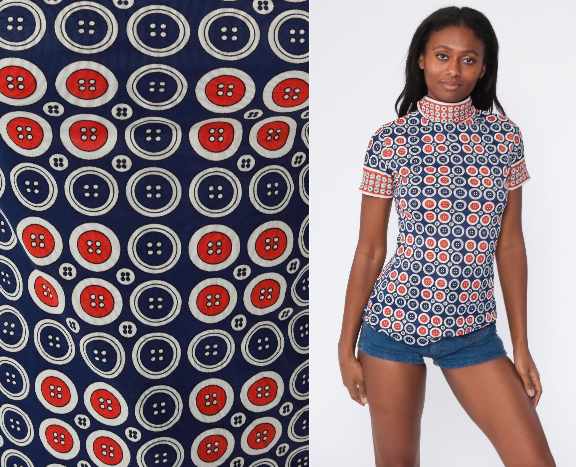 70s Button Print Shirt Mock Neck Short Sleeve Red Blue Small
