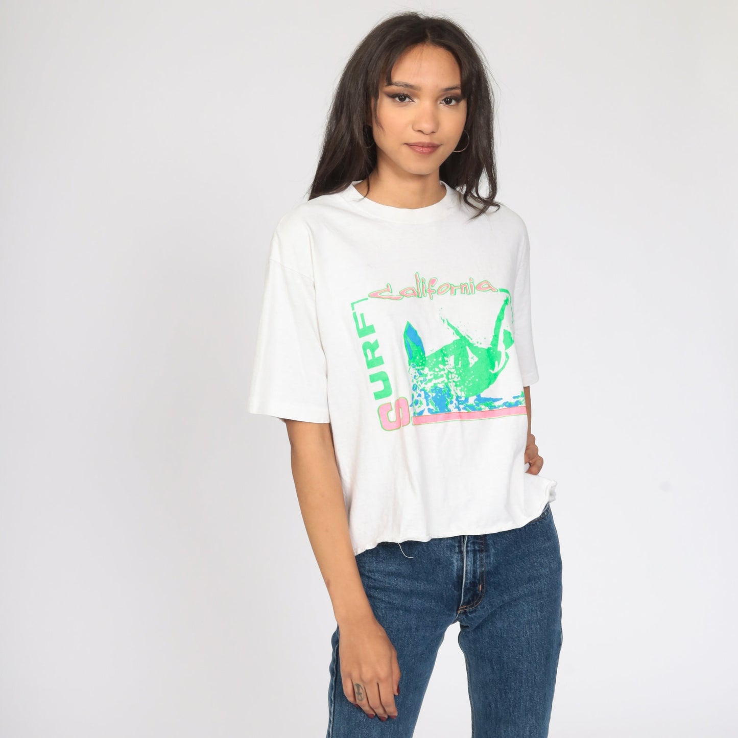 90s Neon Surfer Graphic T-Shirt California White Green Crop Large L