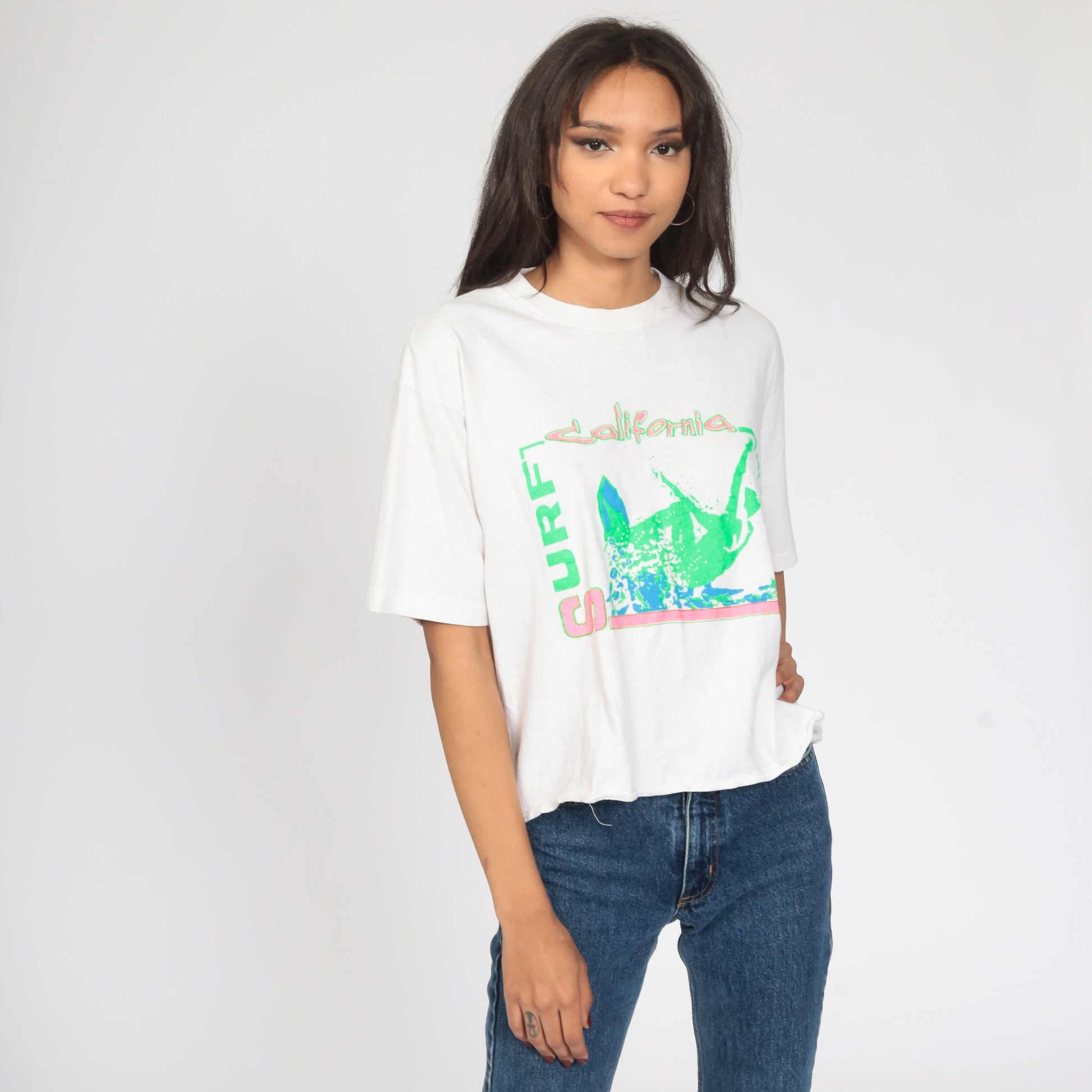 90s Neon Surfer Graphic T-Shirt California White Green Crop Large L