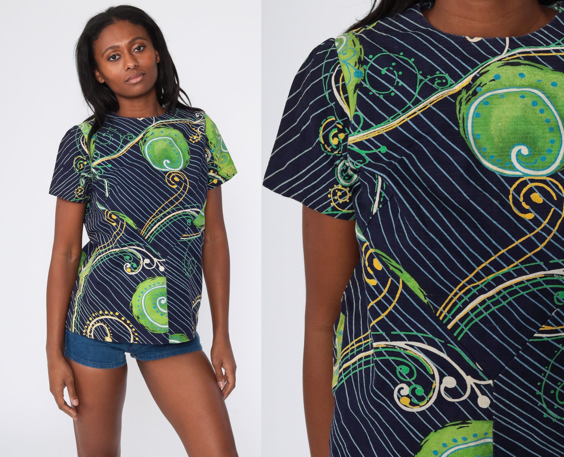 70s Psychedelic Swirl Print Tunic Blouse Dark Blue Short Sleeve Medium