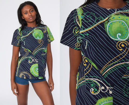 70s Psychedelic Swirl Print Tunic Blouse Dark Blue Short Sleeve Medium