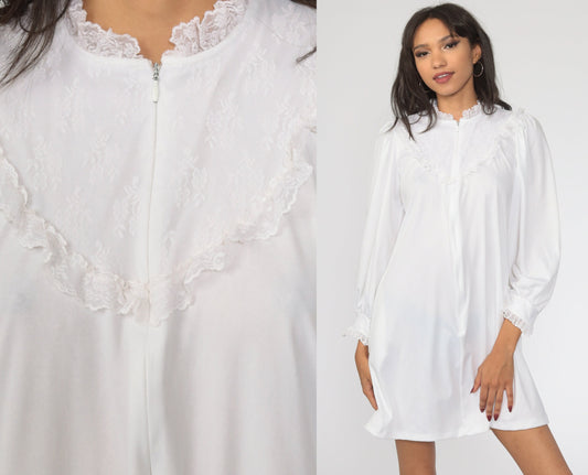 70s White Lace Bib Mini Dress Puff Sleeve Shift Small