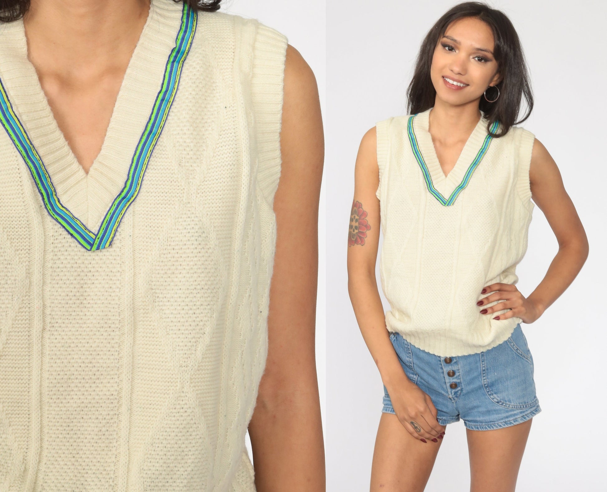 80s Cable Knit Vest Top Cream V-Neck Sleeveless Sweater Small Medium