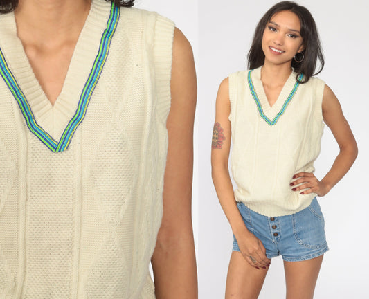 80s Cable Knit Vest Top Cream V-Neck Sleeveless Sweater Small Medium
