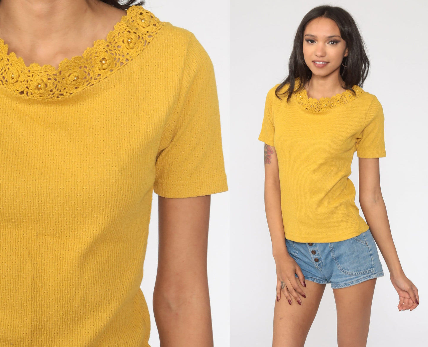 80s Mustard Yellow Crochet Trim Blouse Cotton Short Sleeve Small