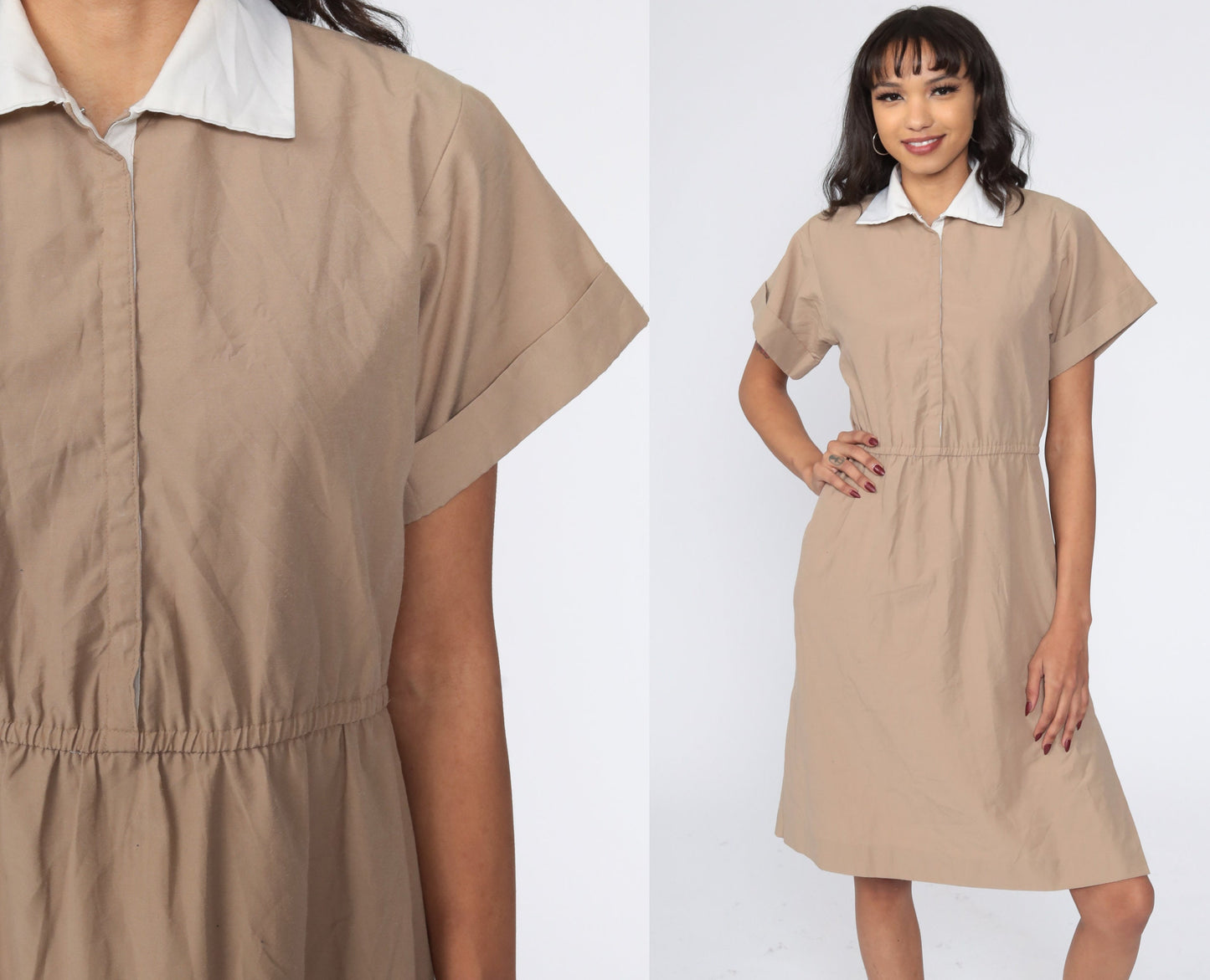 80s Khaki Shirtwaist Midi Dress High Waisted Button Up Short Sleeve Small