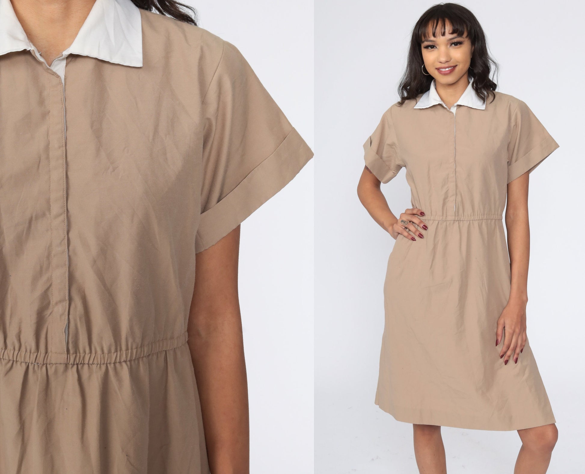 80s Khaki Shirtwaist Midi Dress High Waisted Button Up Short Sleeve Small