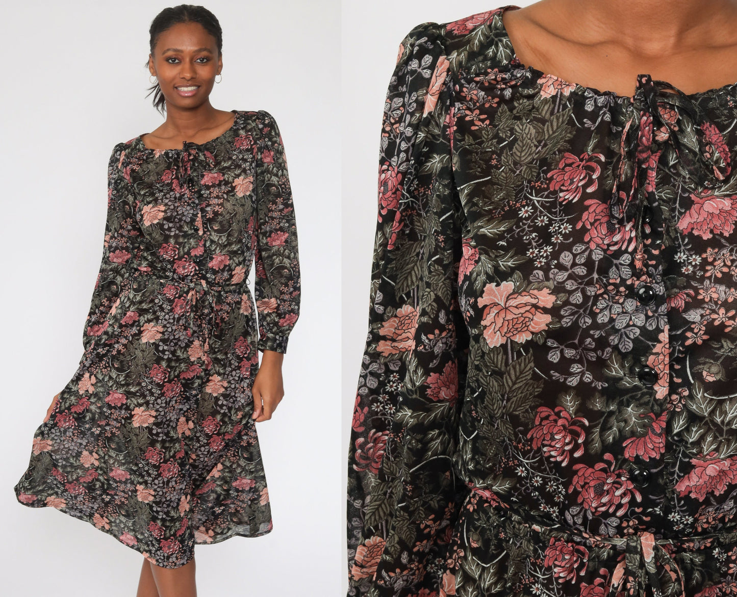 70s Floral Midi Dress Puff Sleeve Button-Up High Waist Semi-Sheer Small