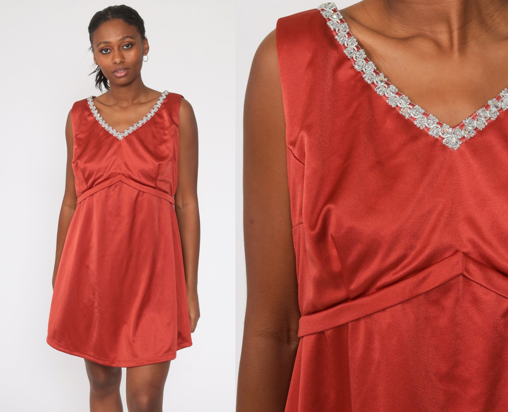 70s Rust Red Metallic Trim Empire Waist Mini Dress Sleeveless Large