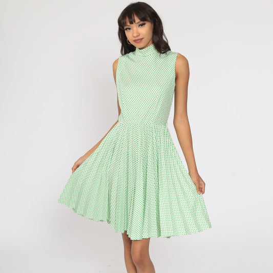 70s Green Polka Dot Midi Dress High Waist Pleated Mock Neck Extra Small