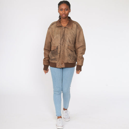 80s Charles Klein Brown Leather Bomber Jacket Moto Biker Extra Large
