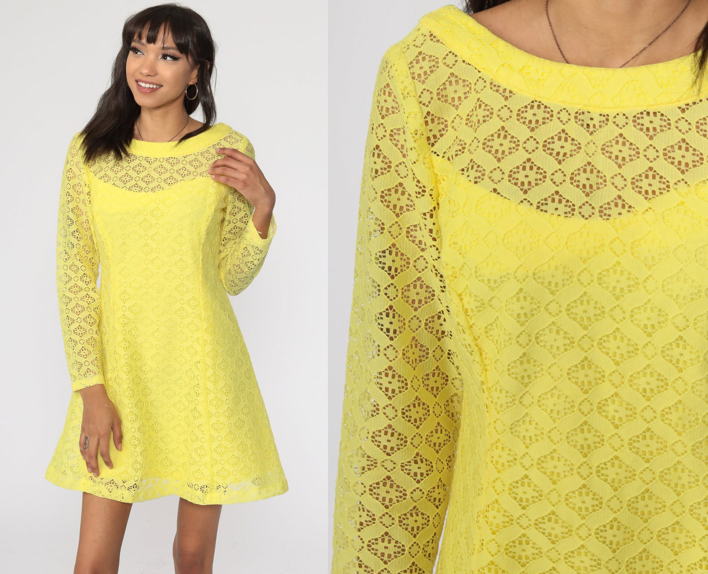 60s Yellow Lace Mini Dress Illusion Neckline Shift Long Sleeve Small Medium