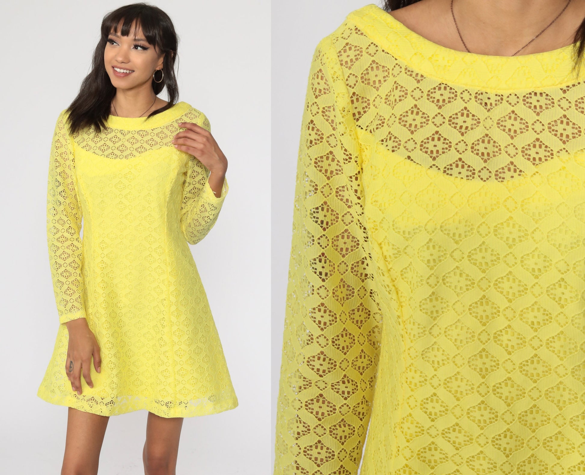 60s Yellow Lace Mini Dress Illusion Neckline Shift Long Sleeve Small Medium